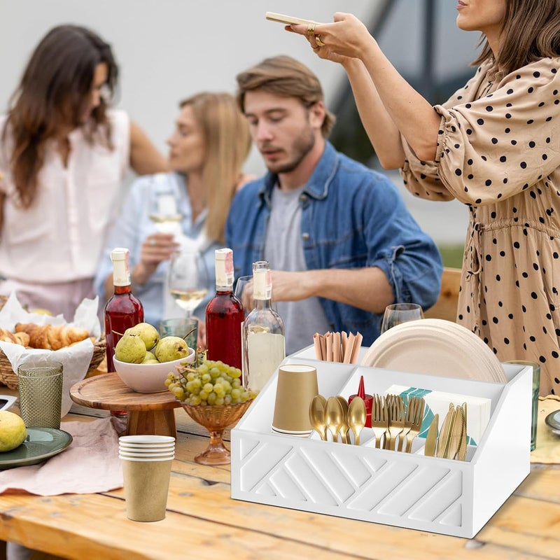 Ukonvi Paper Plate Dispenser, Paper Plate Holder for Kitchen Counter, Wood Rustic Silverware Utensil Caddy, Cutlery Flatware Organizer Box for Cups Spoons Forks Plates Napkins, Kitchen Accessories (White) - Image 2